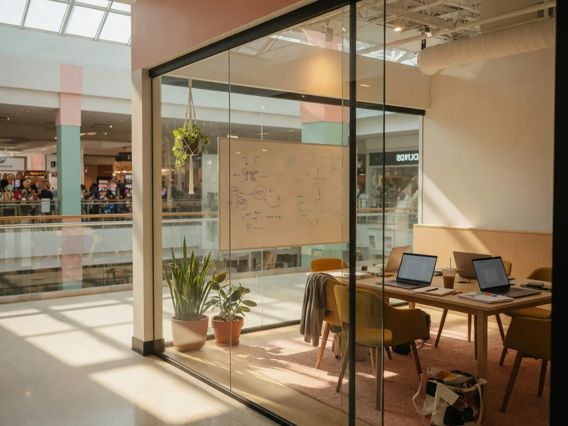 Bright coworking and mentorship corner inside the Business Growth Gallery at Edison Mall in Fort Myers, Florida with a glass conference room, whiteboard, laptops on a light wooden table, and potted plants