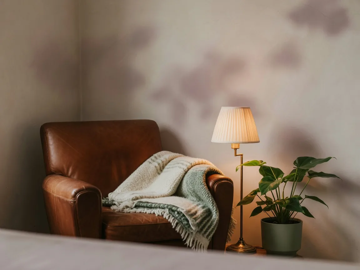 A single worn leather armchair in a quiet warm corner with a softly glowing reading lamp and a folded blanket