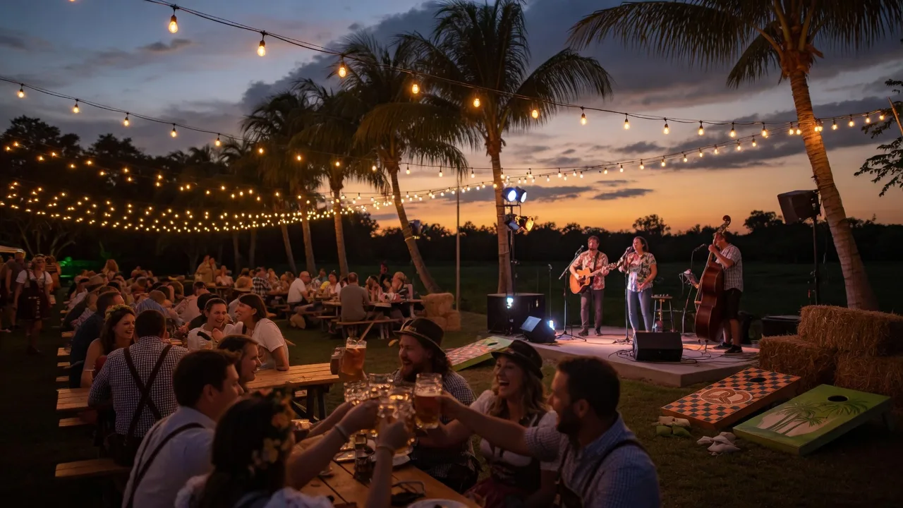 An Oktoberfest celebration at a Florida brewery beer garden at dusk with string lights over picnic tables, a small band on a low patio stage, and palm trees against a sunset sky