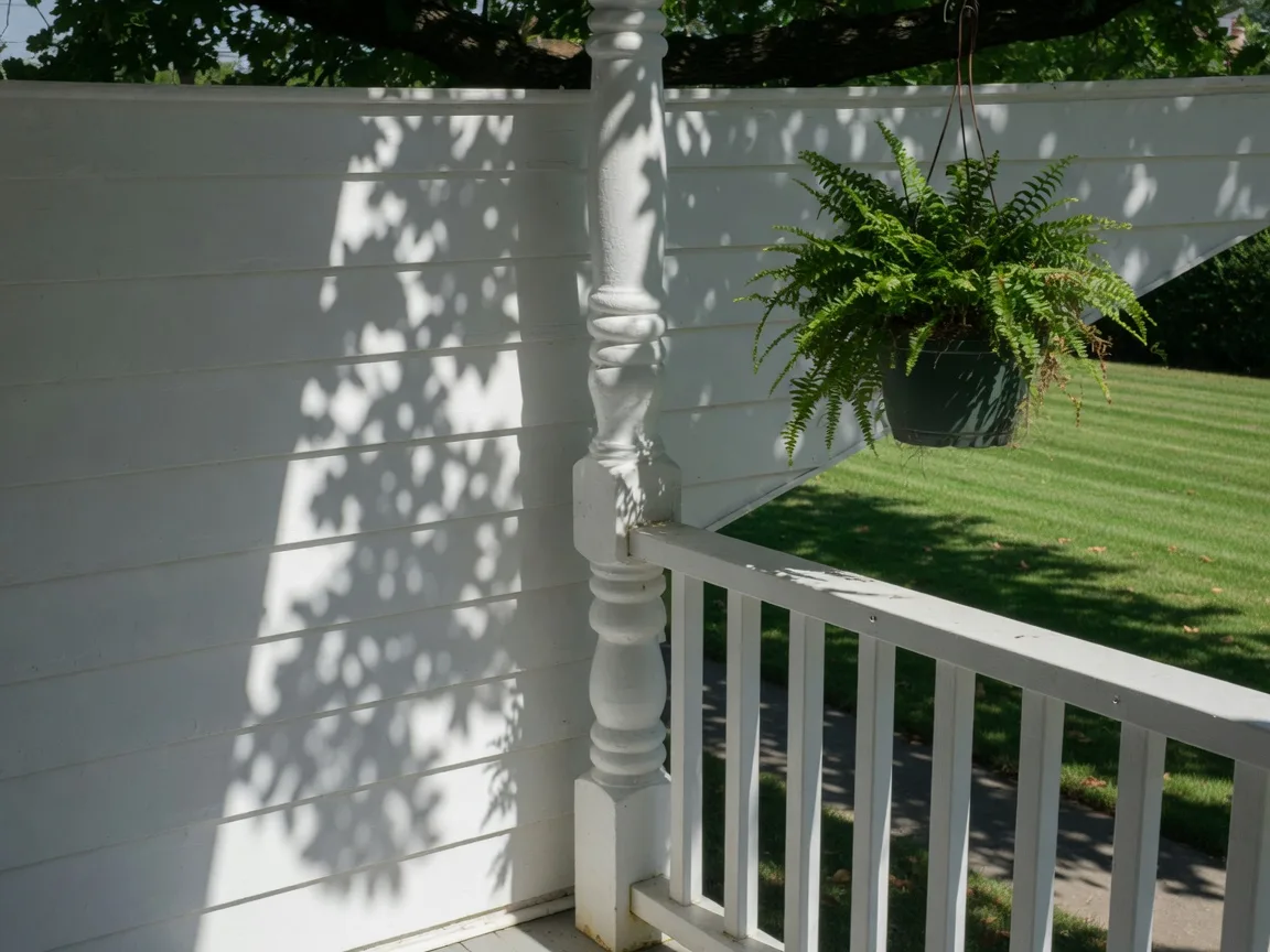 Classic American porch with white railing, fern, and dappled shade from a mature oak