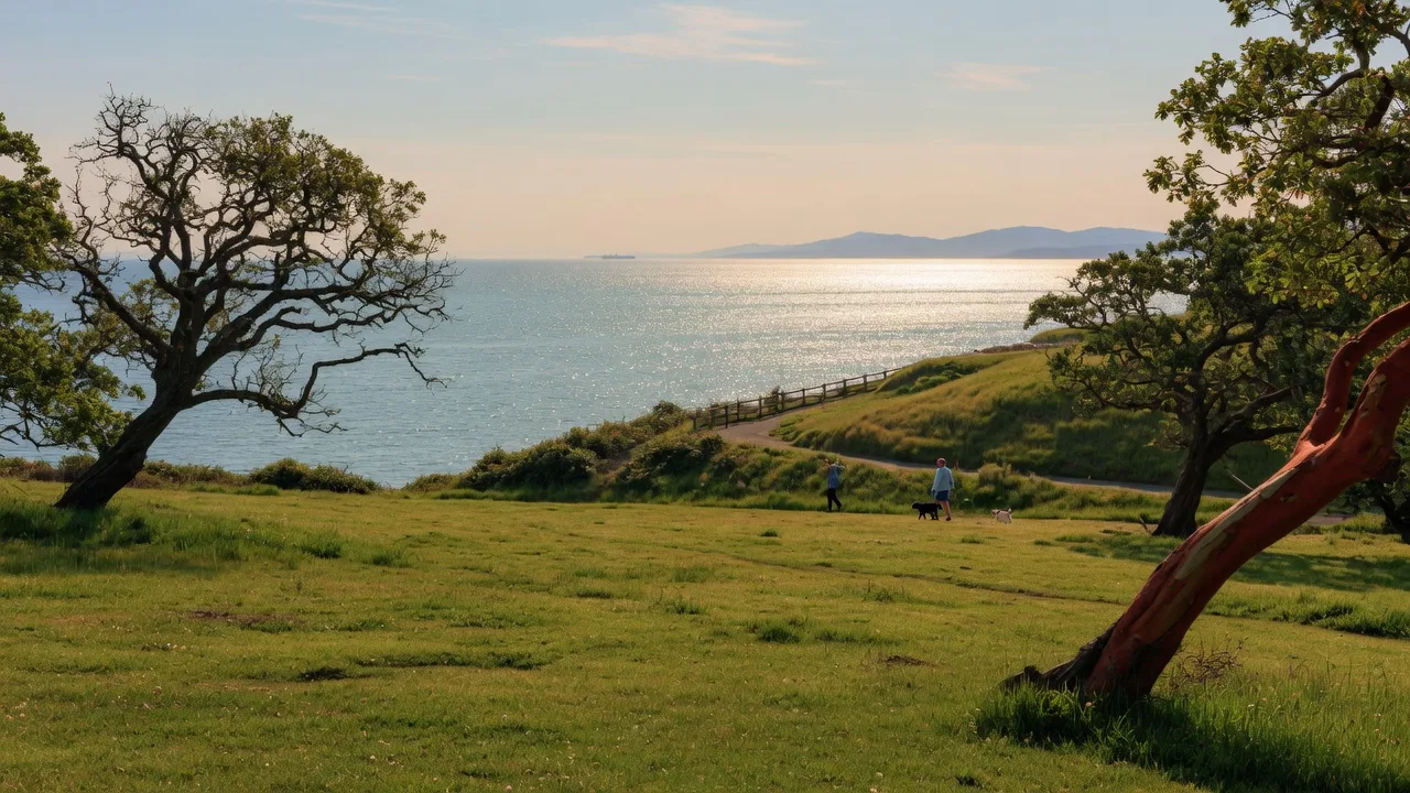 Beacon Hill Park in Victoria BC with green fields and the Dallas Road waterfront bluff overlooking the ocean