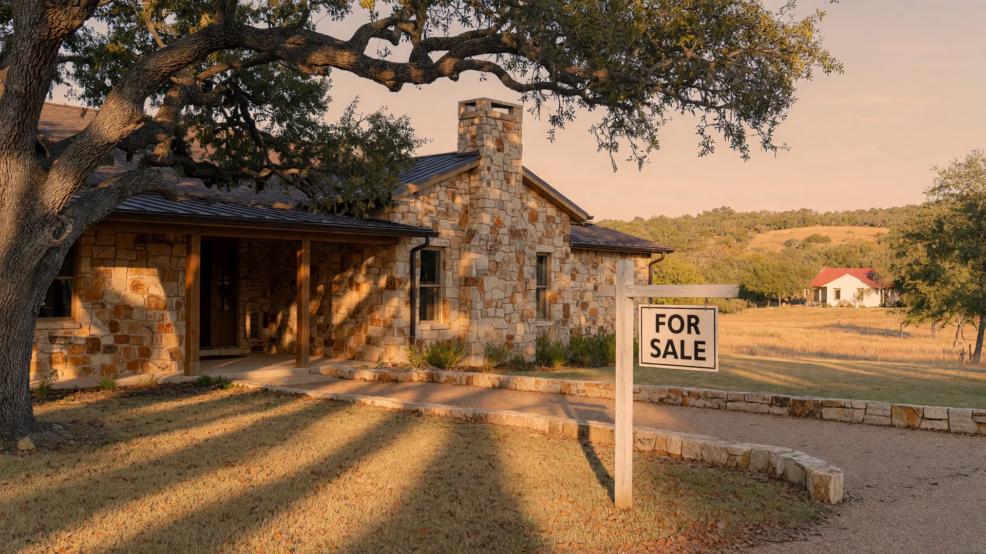 Texas Hill Country stone home with a for-sale sign in front, warm late-afternoon light