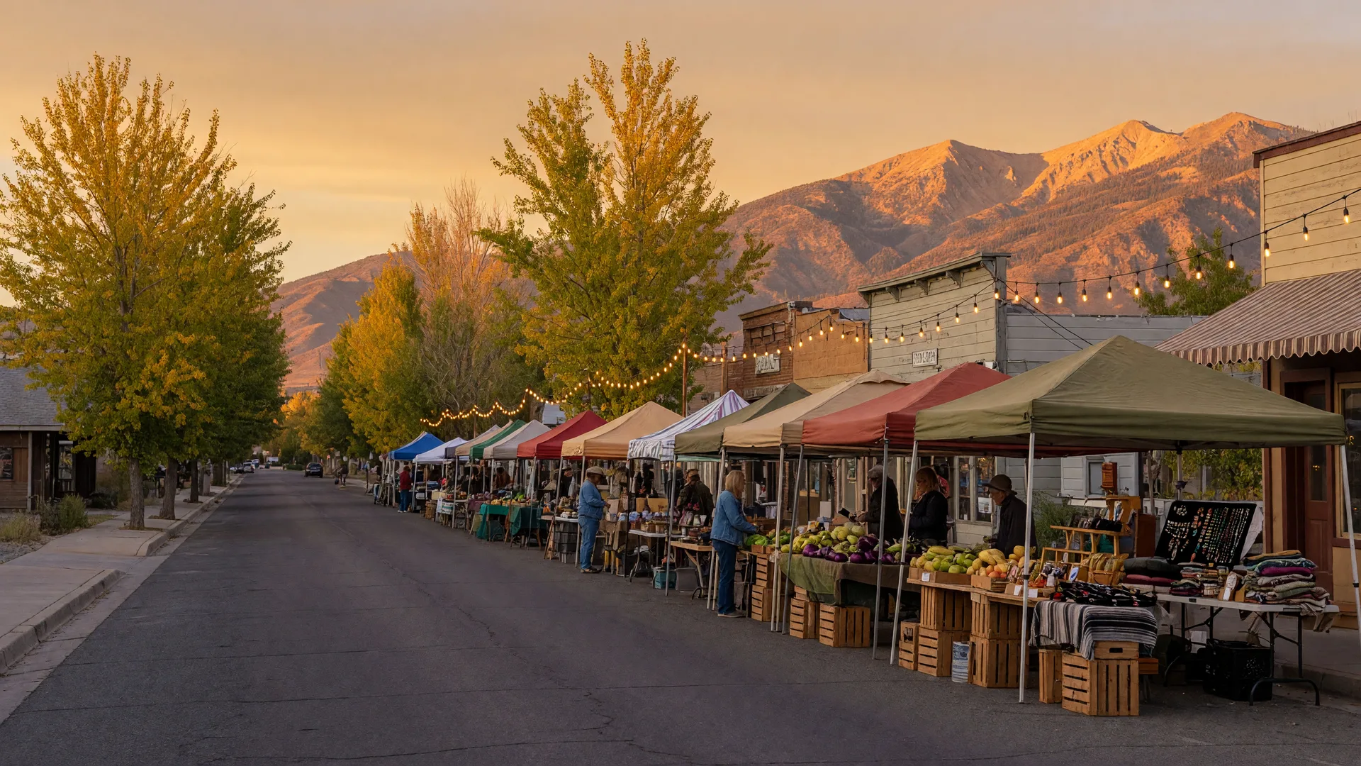A Northern Nevada main street in late September with string lights over an evening market and the Sierra Nevada glowing amber in the distance.