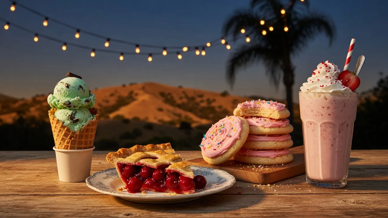 A golden-hour dessert spread on a rustic wooden table with a mint chocolate chip waffle cone, a slice of cherry pie, frosted cookies, and a strawberry shake, with string lights and foothills softly blurred behind