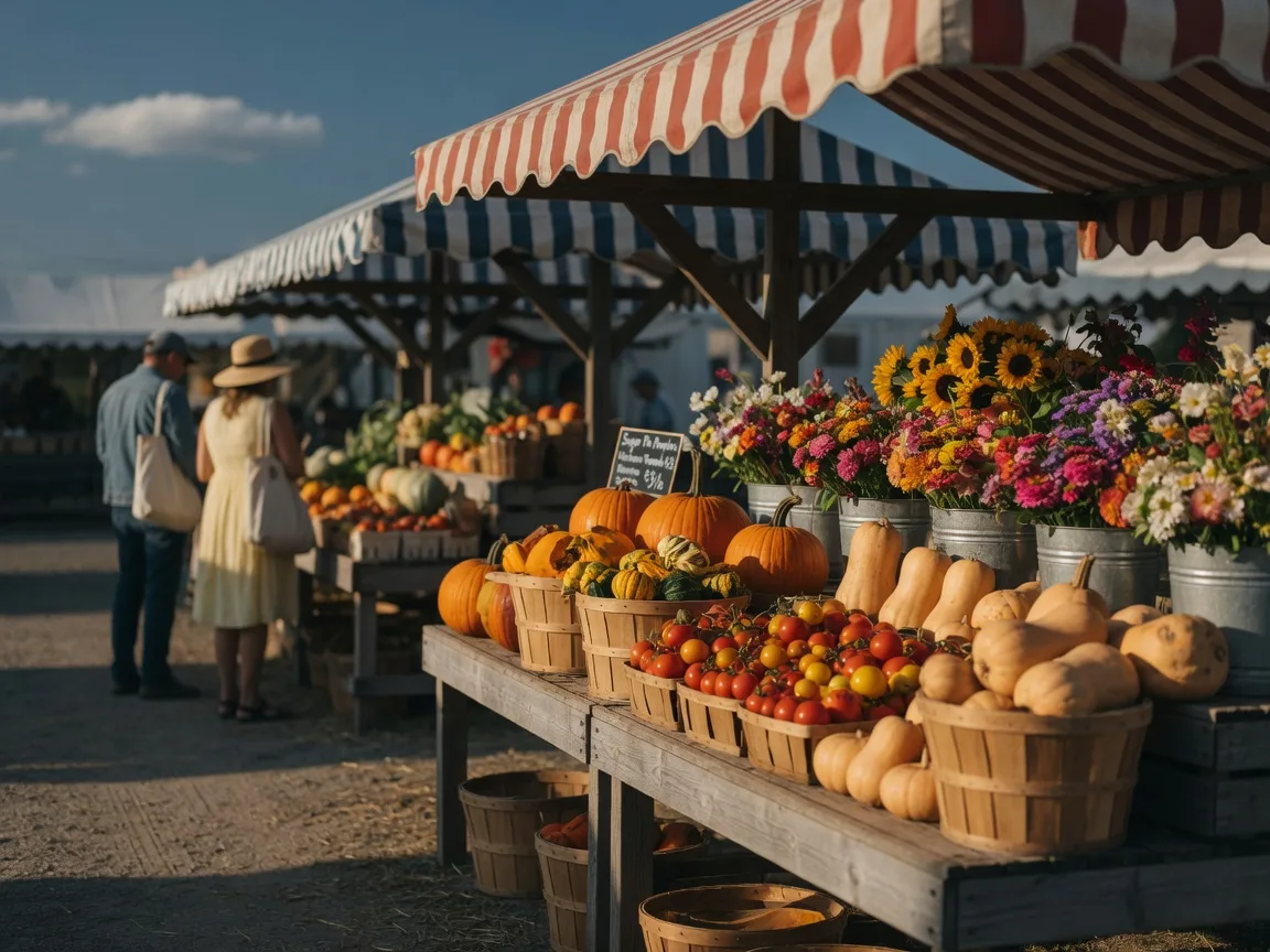 A Saturday farmers market in a small Kentucky town with produce stalls under canvas awnings