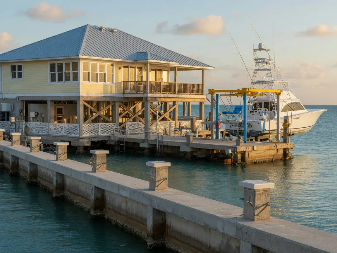 A close view of a reinforced concrete seawall with clean pilings and a hydraulic boat lift holding a sportfishing yacht at the end of a private concrete dock in the Florida Keys, the elevated home's standing-seam metal roof and impact-glass windows rising above in warm late-afternoon light