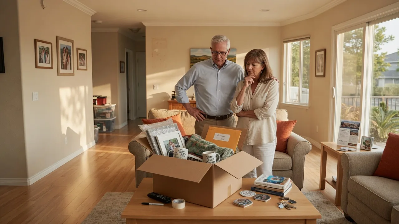 A couple thoughtfully preparing to downsize in a bright Murrieta living room with a moving box at golden hour