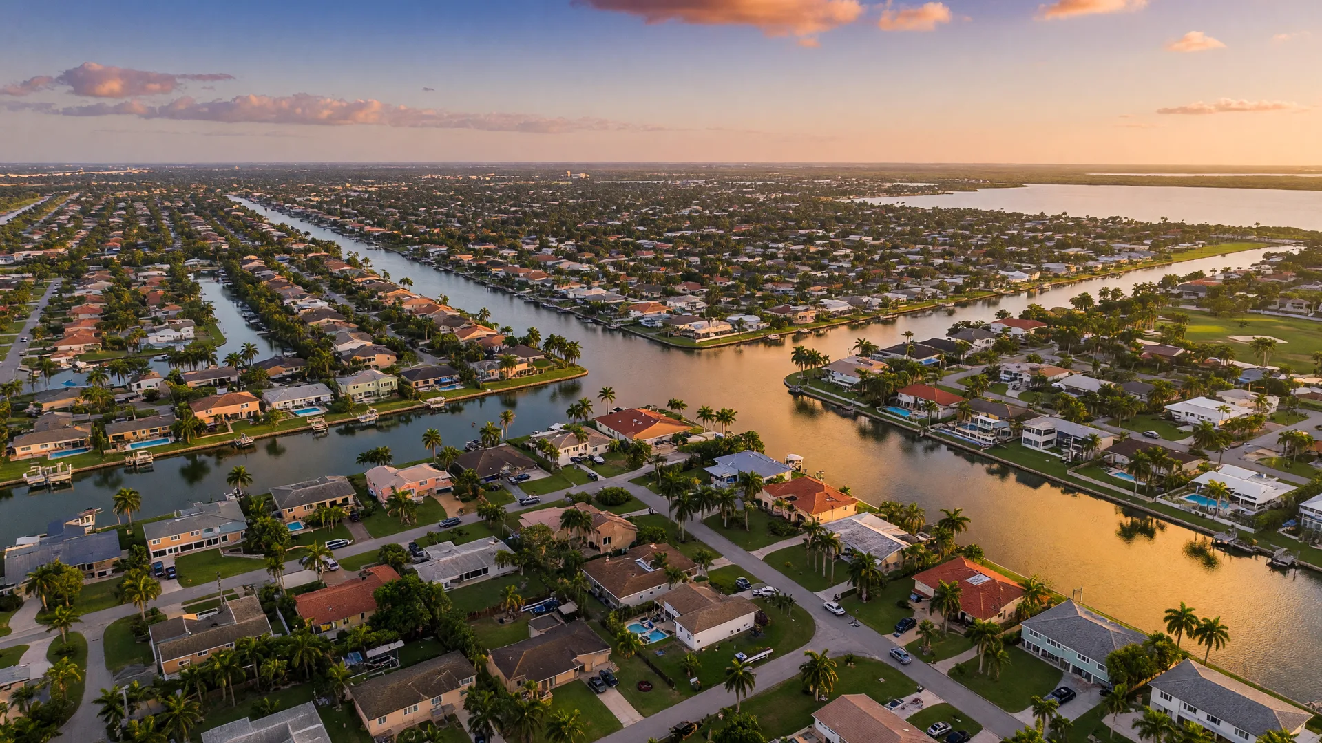Vista aerea de Cape Coral, Florida, con sus canales caracteristicos al atardecer