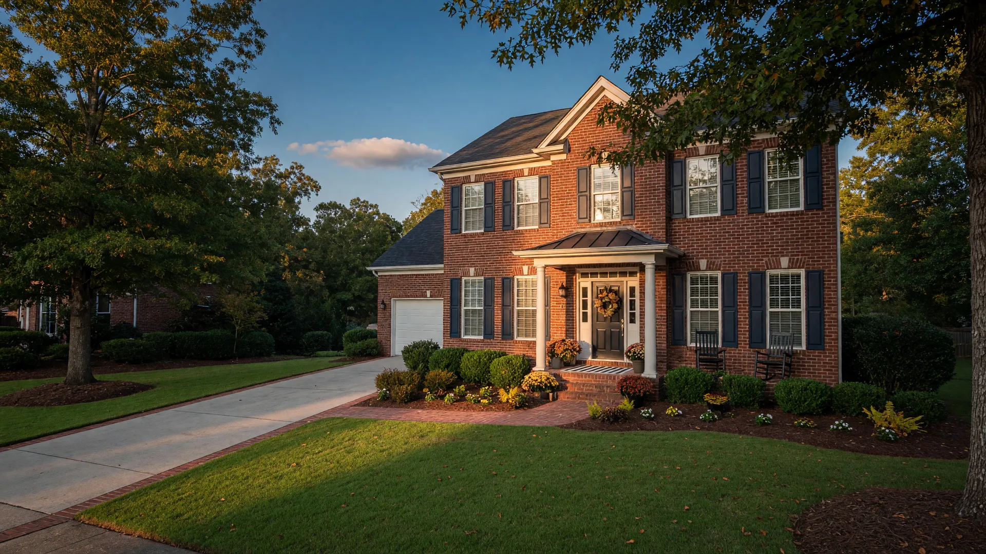 A well-maintained brick home with white columns and navy shutters in Aiken SC at golden hour, the kind of curb appeal that supports a fair listing price