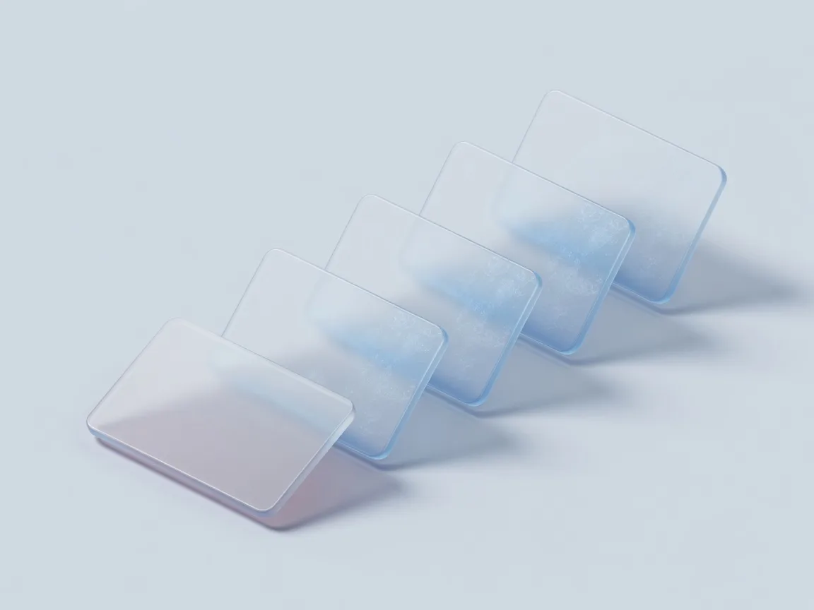 Translucent white and blue offer cards floating in an ascending row, representing competitive transparent offers