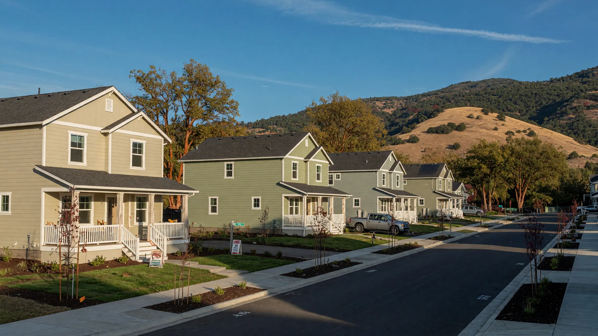 A row of newly built single-family homes in a Southern Oregon subdivision on a golden early-autumn afternoon, with Rogue Valley foothills in the distance
