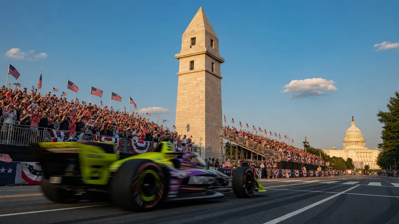 INDYCAR race car speeding past the Washington Monument on Pennsylvania Avenue NW in Washington DC during the Freedom 250 Grand Prix, with the US Capitol in the distance and crowds cheering under a blue sky