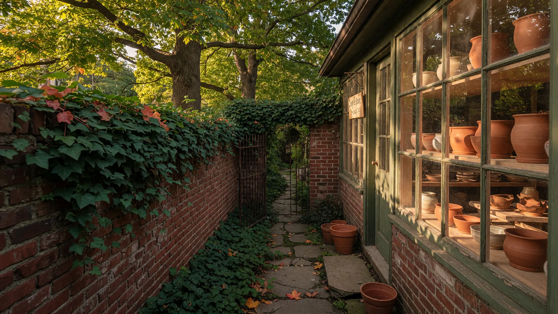 Hidden garden pathway behind a brick wall in historic Haddonfield NJ with climbing ivy and artisan pottery studio