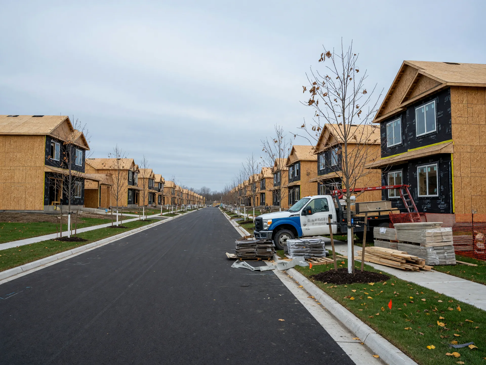Framed new homes on a fresh street in central Minnesota with young planted maples and construction equipment in the foreground