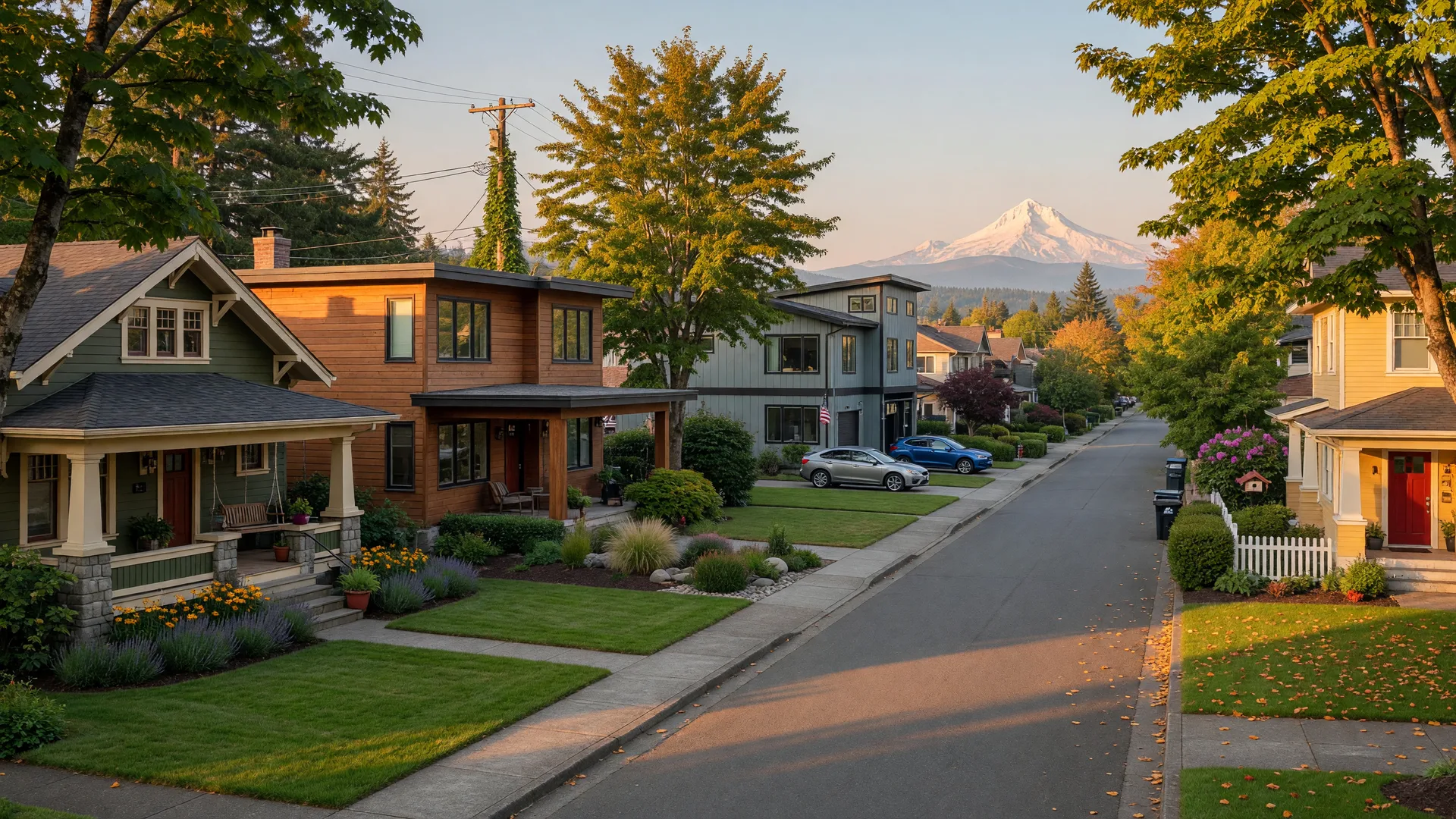 Oregon small town main street at golden hour