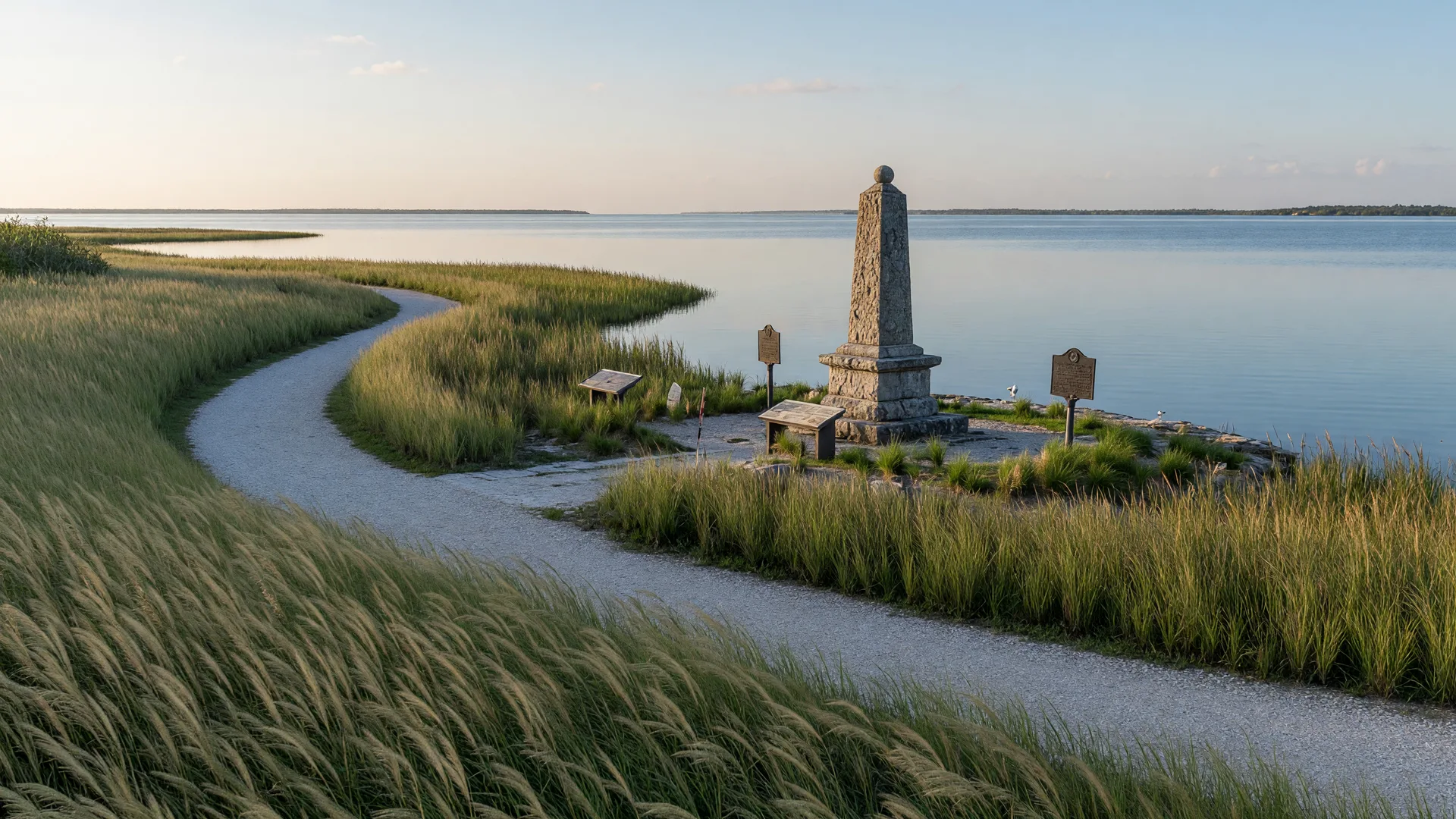 A bayfront park with walking trails and a monument