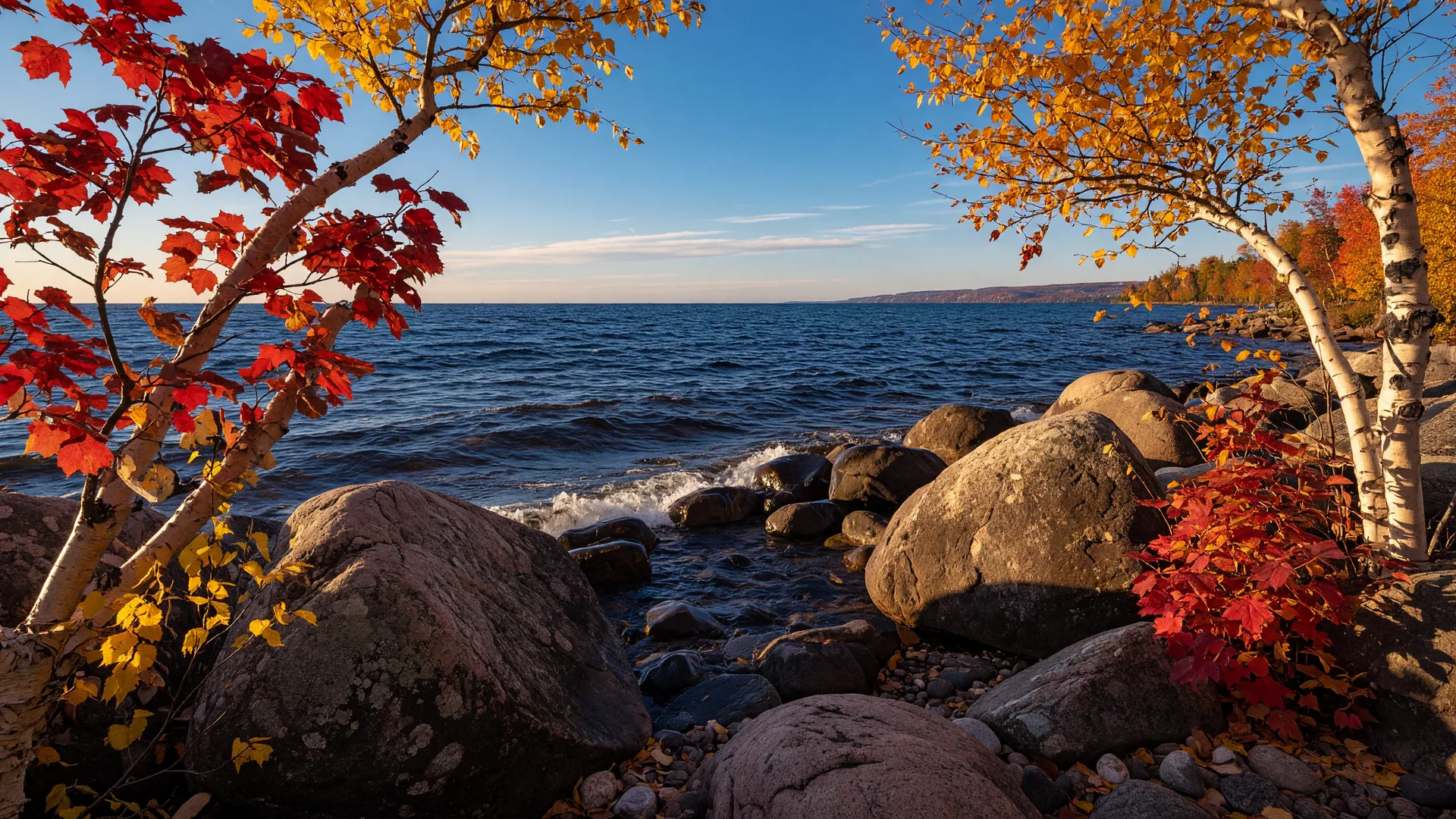 Autumn shoreline in Michigan's Upper Peninsula, with red, orange, and gold trees along the water under a soft overcast fall sky