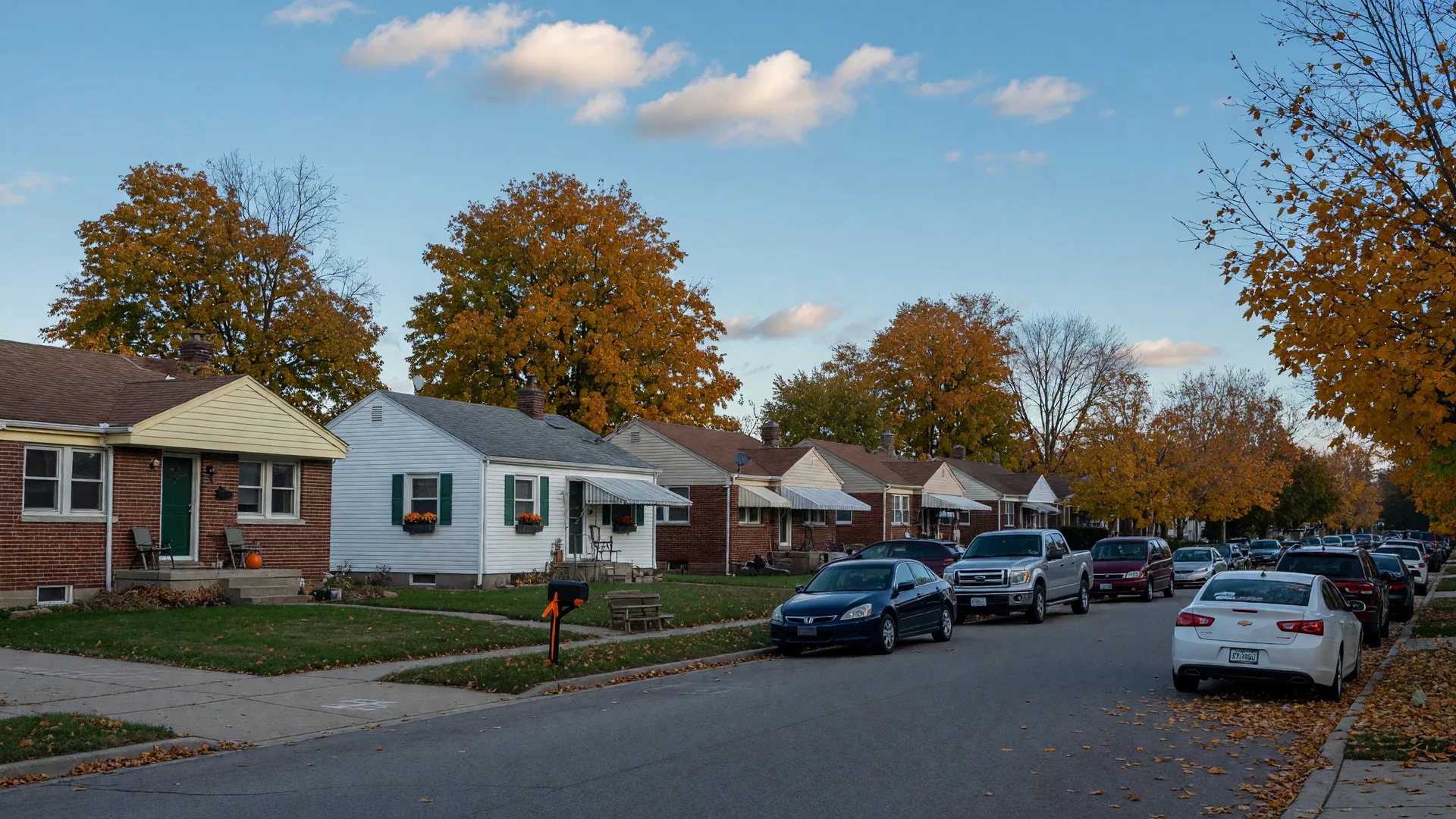 A residential street in Springfield Ohio in late October with ranch and bungalow homes, brick and vinyl siding, and gold and amber maple trees