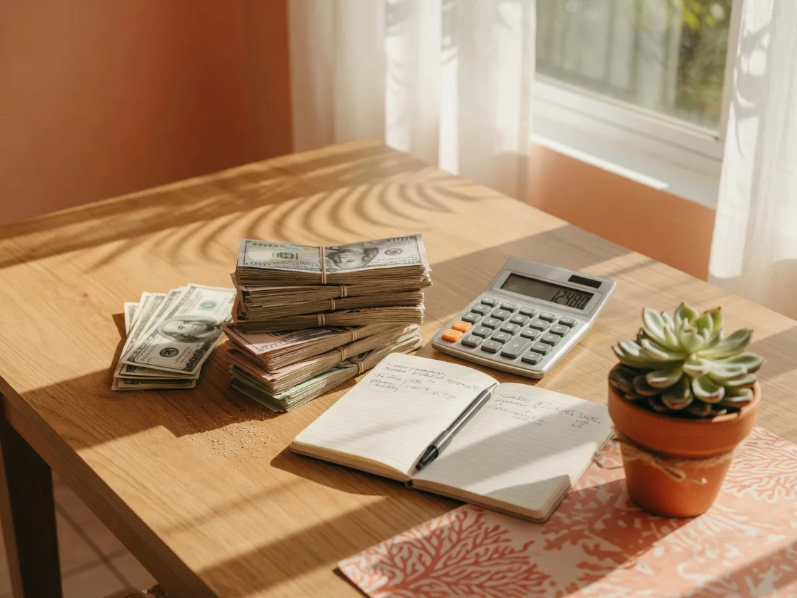 Cash savings and calculator on a table representing home income planning and affordability for Florida home buyers