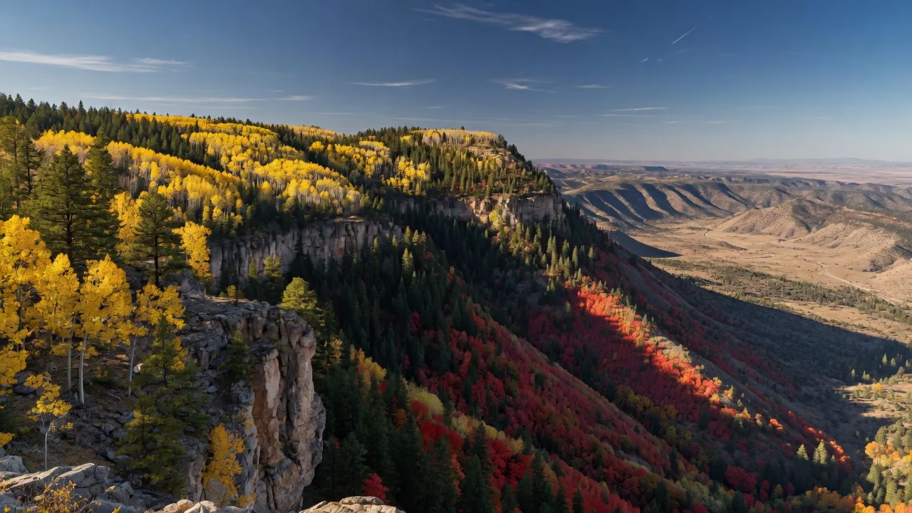 Golden aspen groves at peak fall color on the Mogollon Rim in mid-October, with crimson oak and maple in the drainages above Payson, Arizona
