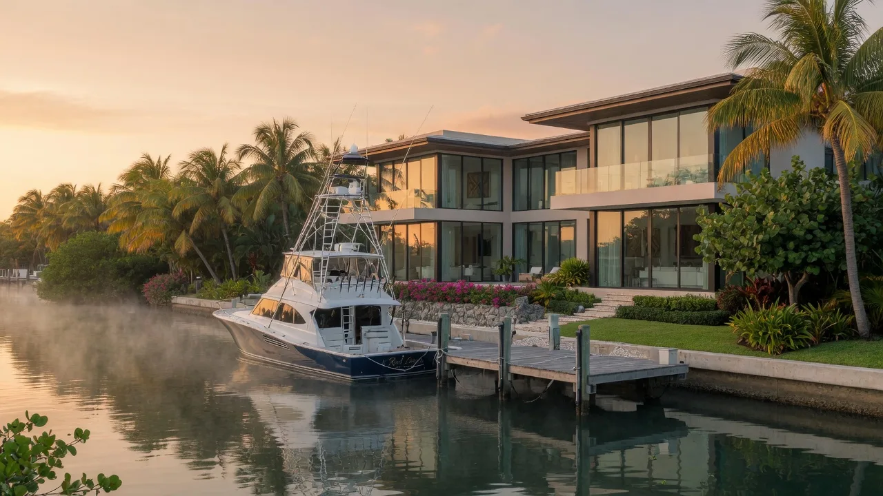 Luxury waterfront estate in Tavernier at early morning with private dock and yacht across a calm canal
