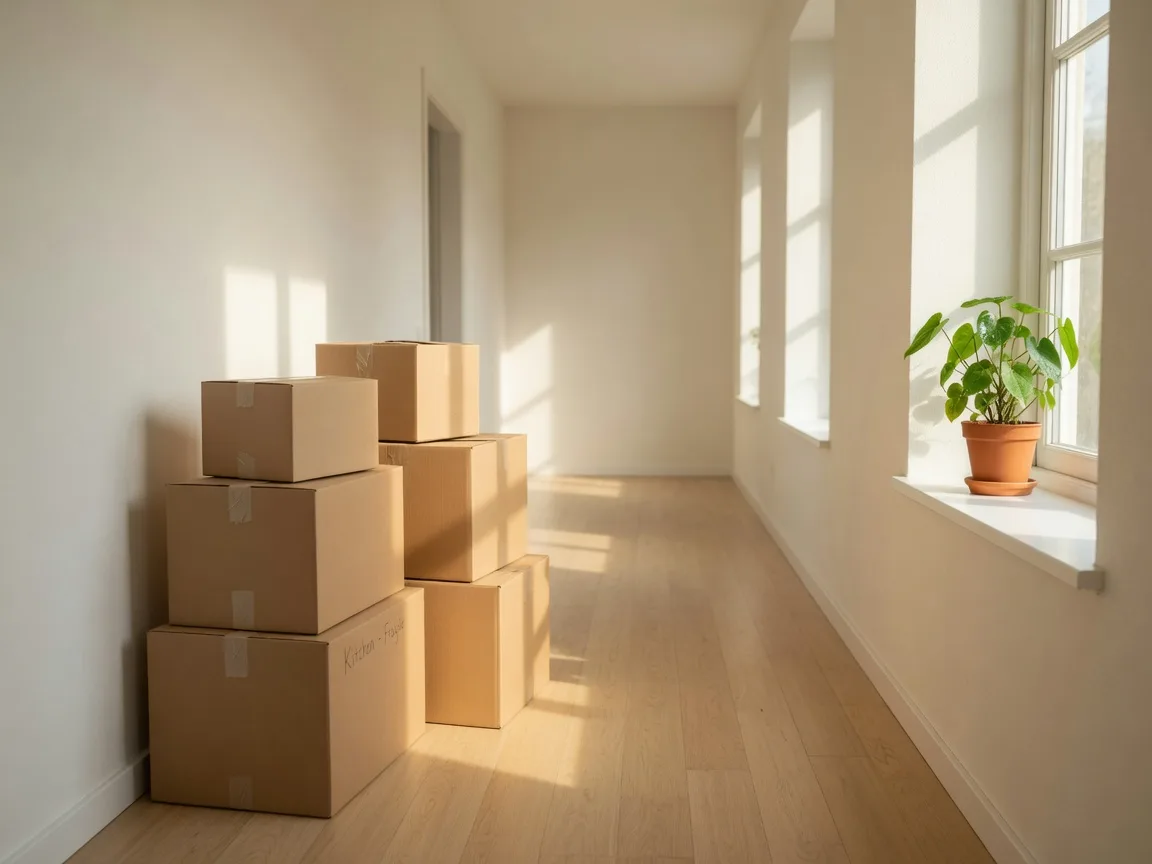 A bright tidy hallway of a nearly empty new home with stacked moving boxes