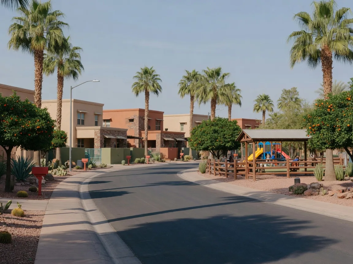 A palm-lined community street with a neighborhood park and ramada under morning sun