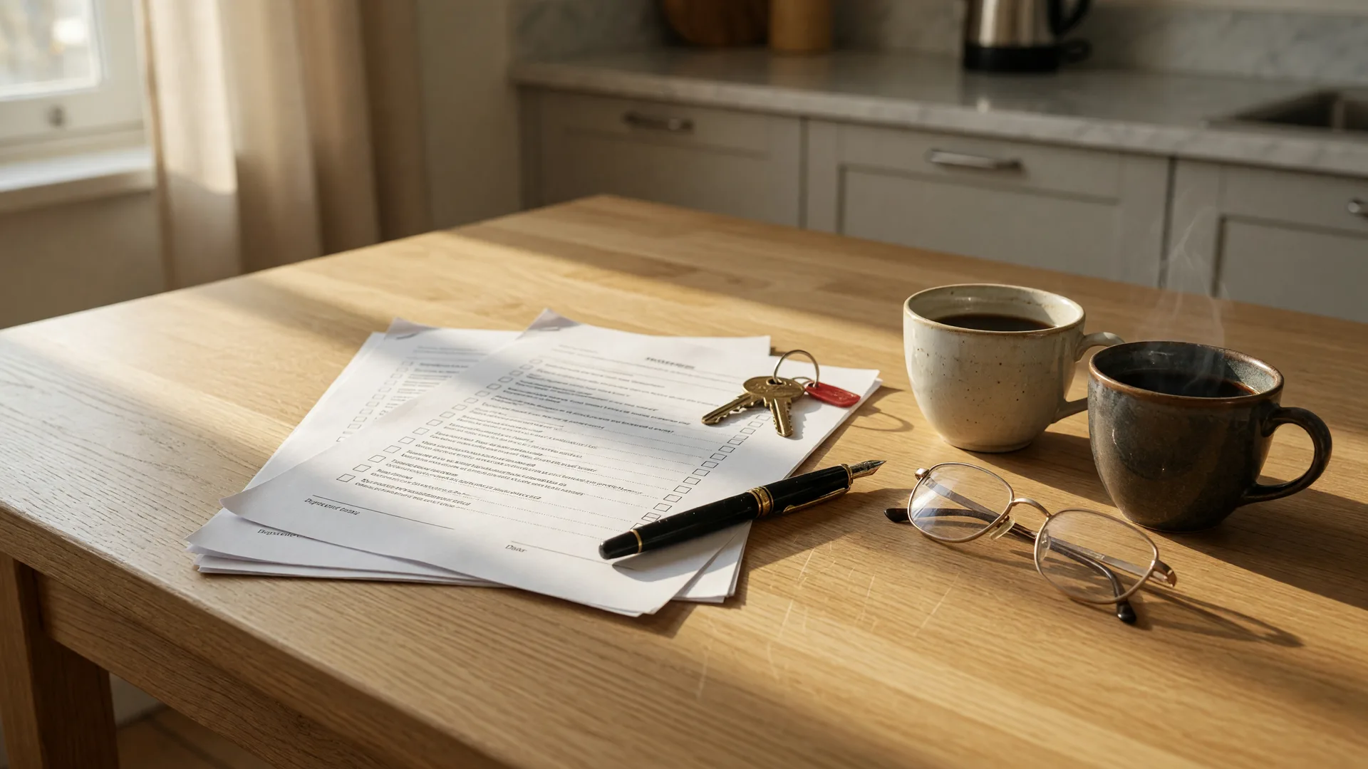 A printed realtor interview questionnaire with a brass house key, fountain pen, reading glasses and two cups of coffee on a light-oak kitchen table in soft morning light