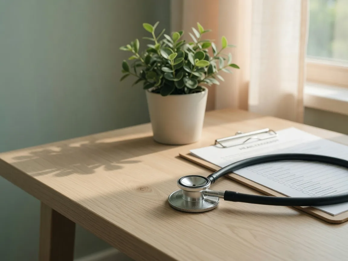 A stethoscope and health checklist on a light oak desk in soft morning light