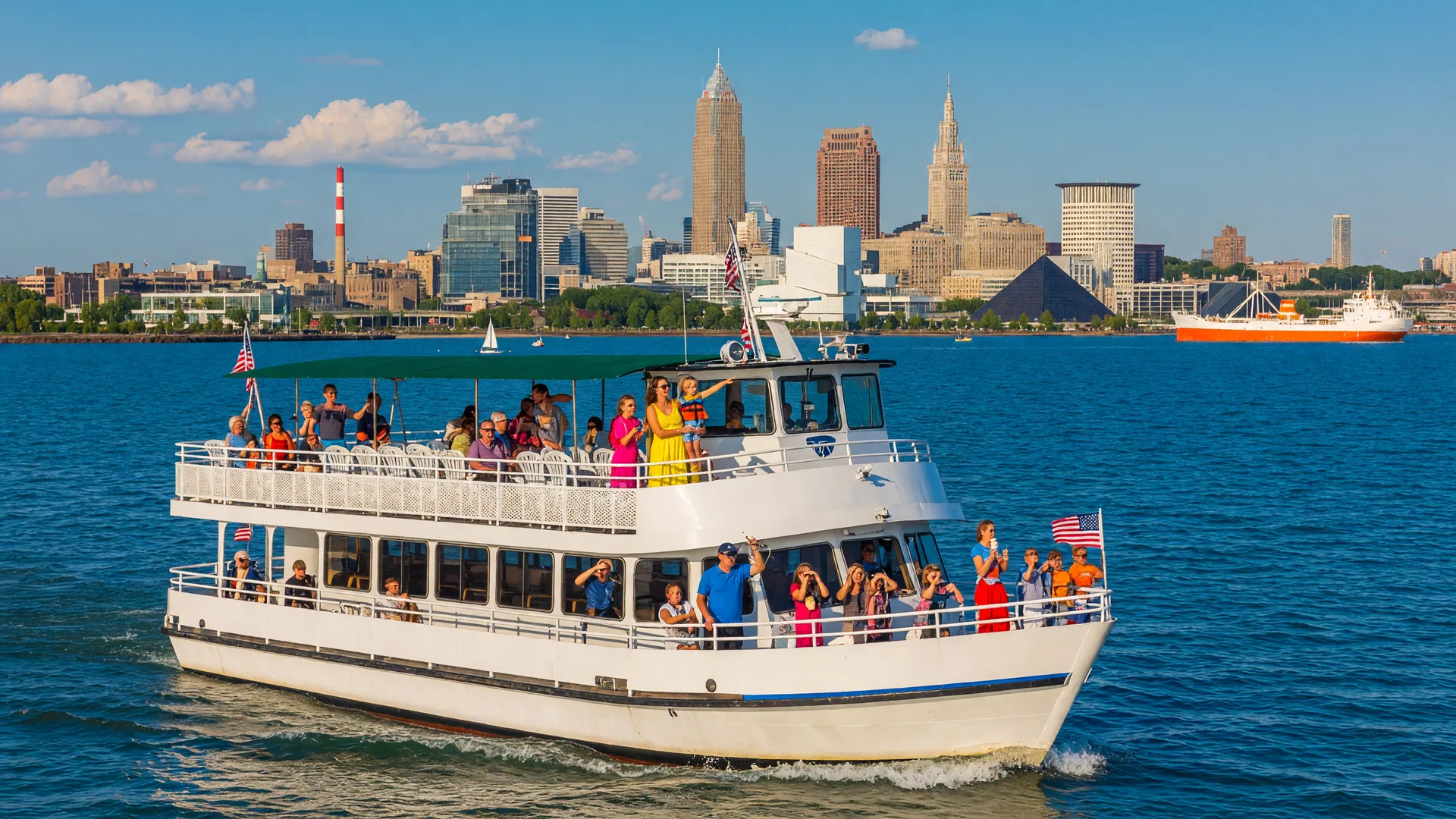 Sightseeing cruise boat on Lake Erie with families on deck and the Cleveland skyline in the distance