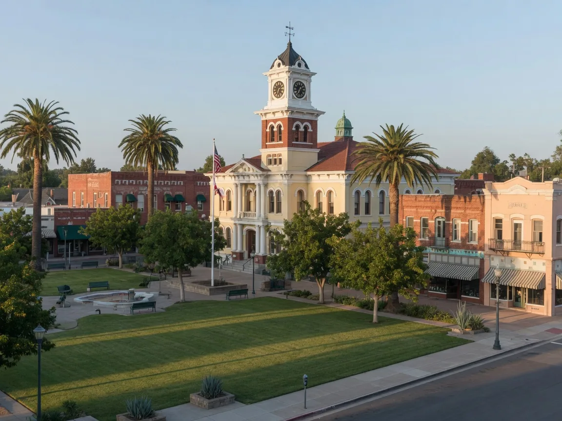 A classic county courthouse clock tower over a palm-lined park square