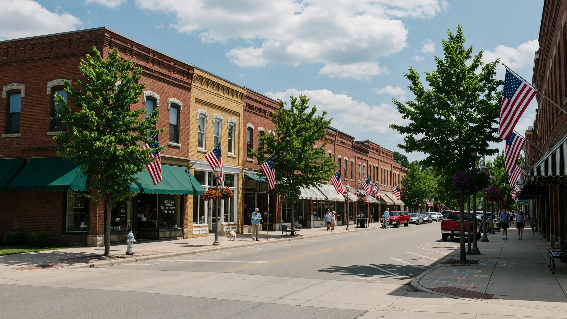 Historic downtown Bellevue, Ohio with brick storefronts, American flags, and mature trees along Main Street on a sunny summer afternoon