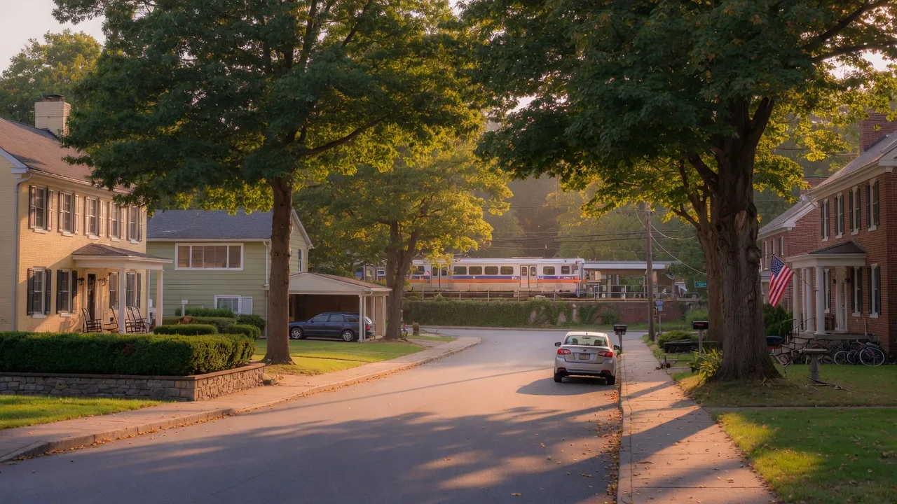 A tree-lined residential street in Rydal-Meadowbrook with mature oaks and historic homes in warm late-summer golden light