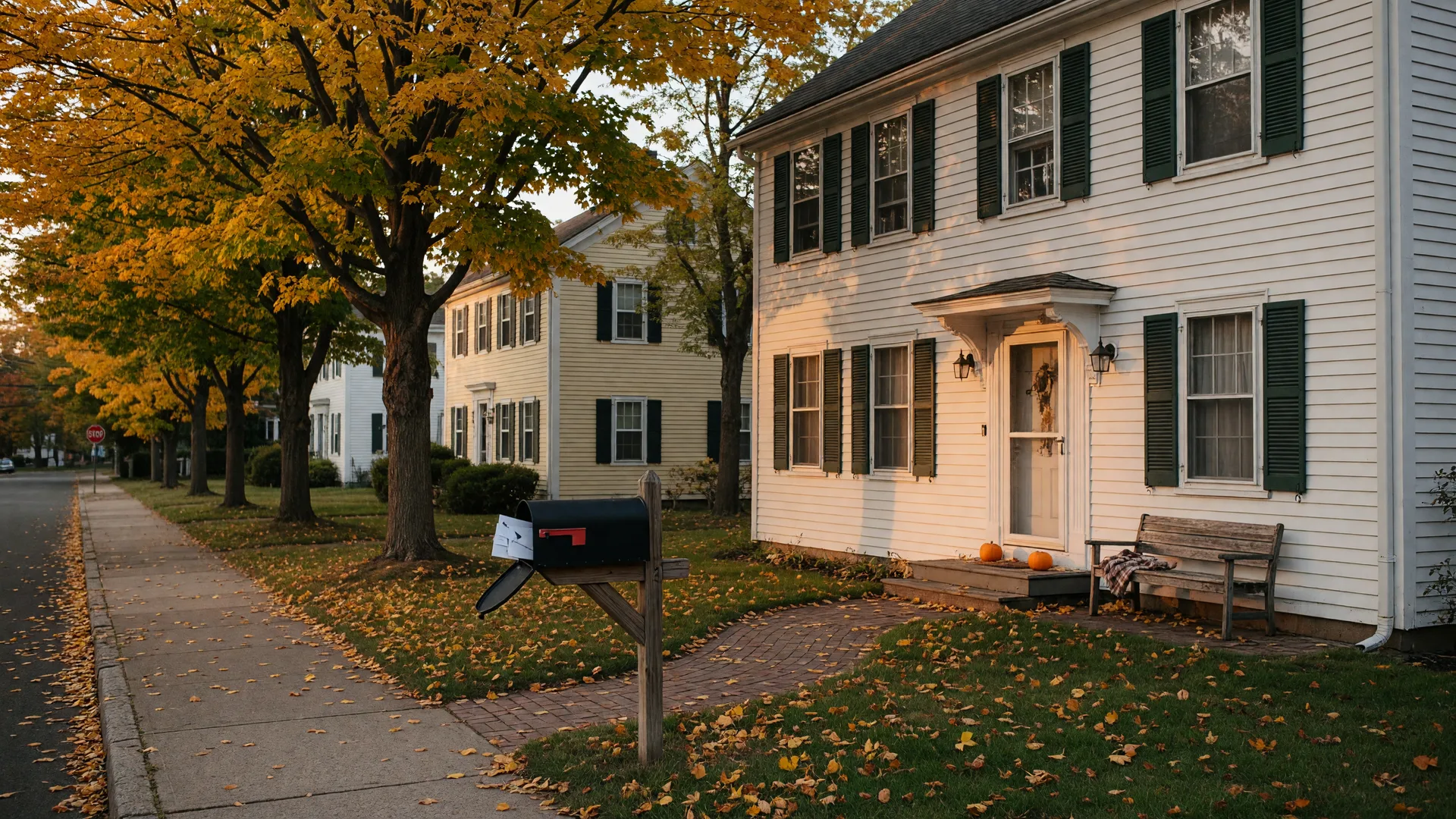 A classic white clapboard New England colonial home in a New Haven neighborhood at golden hour in early autumn, with a black mailbox holding a few plain envelopes beside the front walk