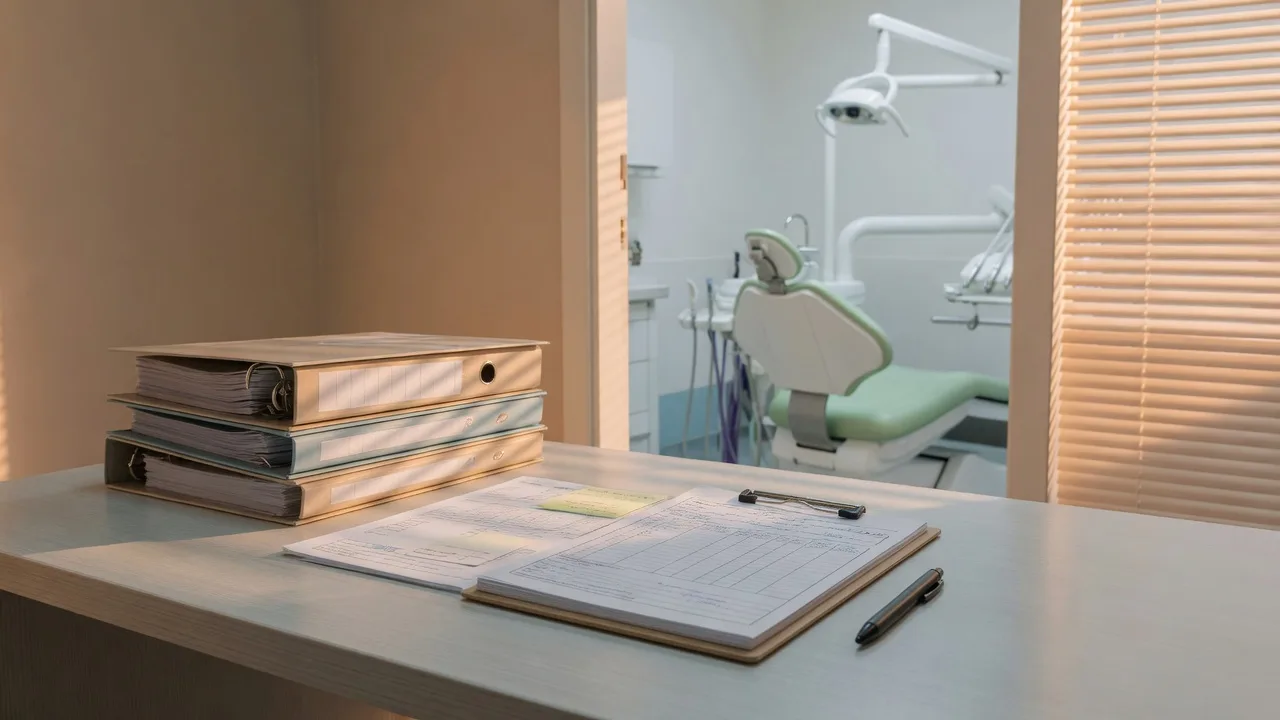 Organized dental office desk with compliance binders and paperwork in warm afternoon light