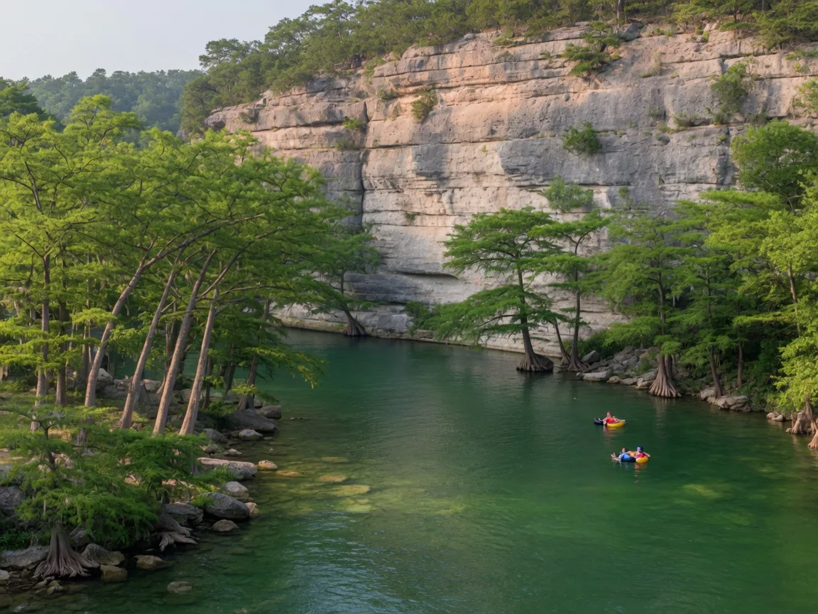 Clear emerald-green Frio River at Garner State Park curving beneath a limestone bluff with cypress trees on the banks