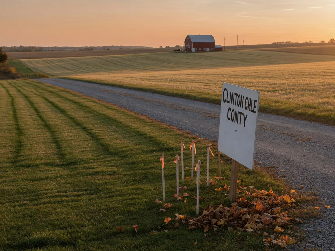 A rural building lot for sale in Clinton County, Ohio with white survey stakes, a simple wooden sign by the gravel road entrance, and rolling farmland with a distant red barn in golden-hour light