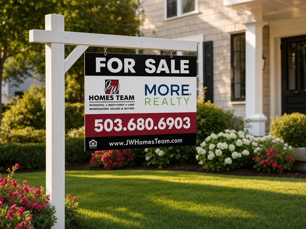 For Sale sign on a classic wooden post in front of a Portland area home