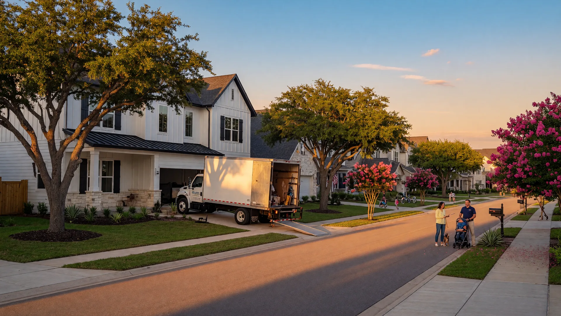 A warm golden-hour view of a North Texas master-planned community street with a moving truck in a driveway and modern farmhouse-style homes
