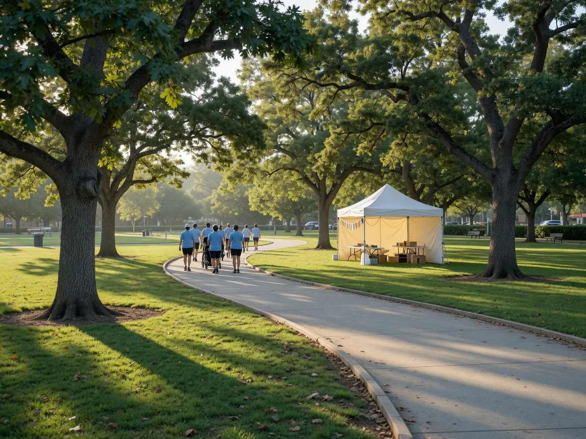 A community charity walk on a Saturday morning in a leafy California city park, a paved path winding past mature valley oaks, a small group of walkers in the middle distance, and a white event tent among the trees in soft morning light