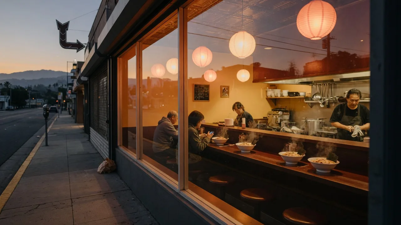 An East Pasadena ramen counter at dusk with steaming bowls and glowing paper lanterns, warm light spilling onto the sidewalk