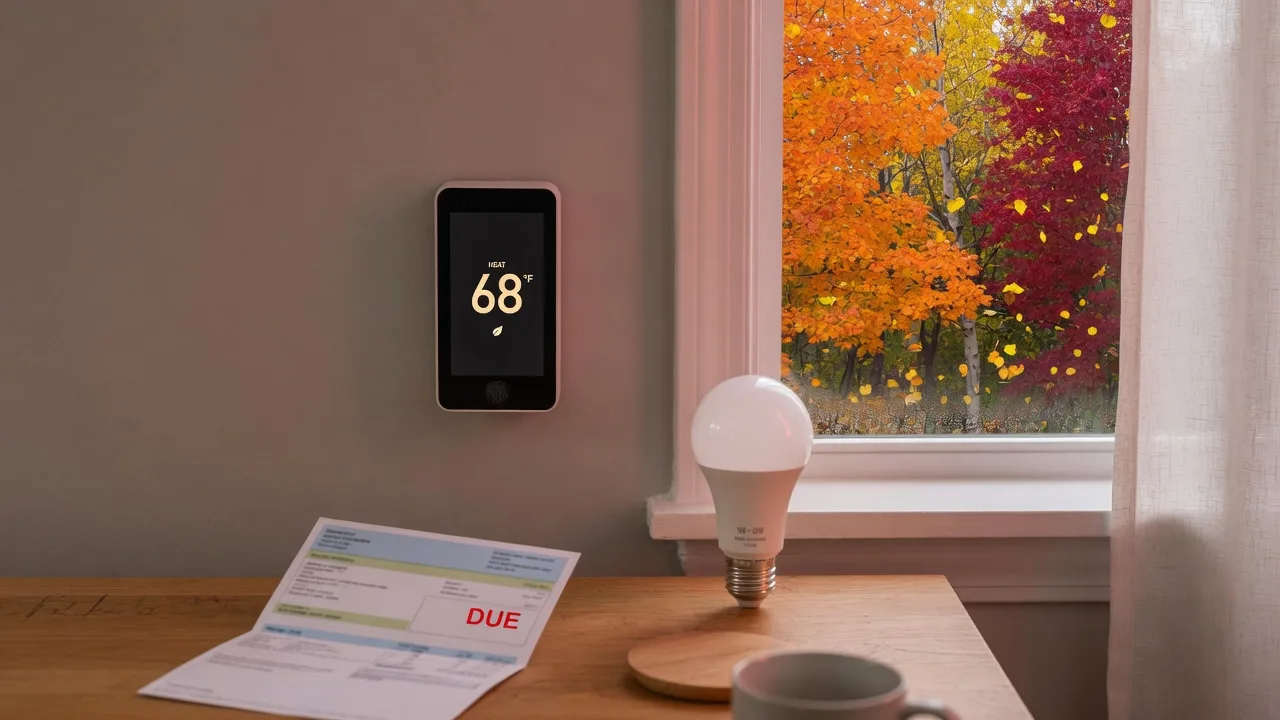 Digital thermostat on a wall, LED lightbulb and utility bill on a desk, autumn trees visible through a window