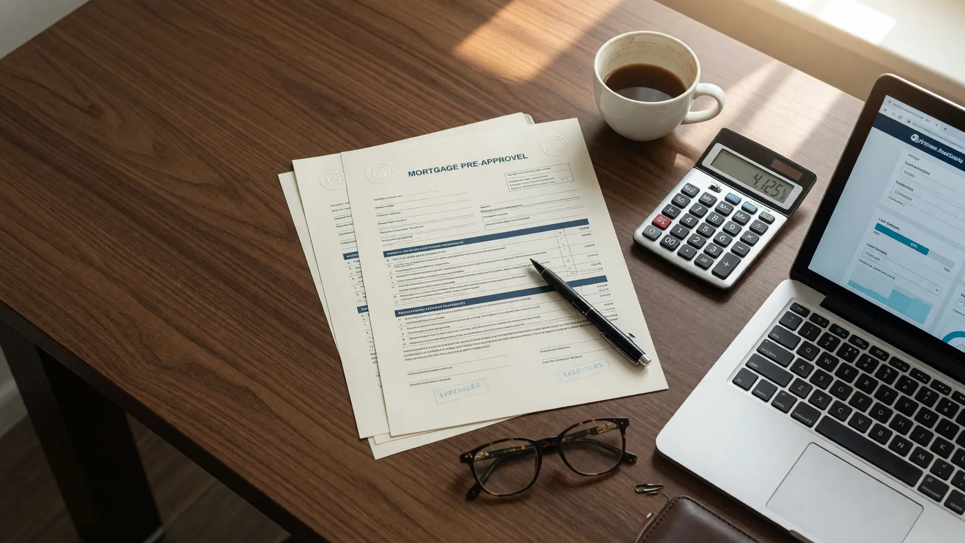 Mortgage pre-approval document and laptop on a desk with calculator and coffee
