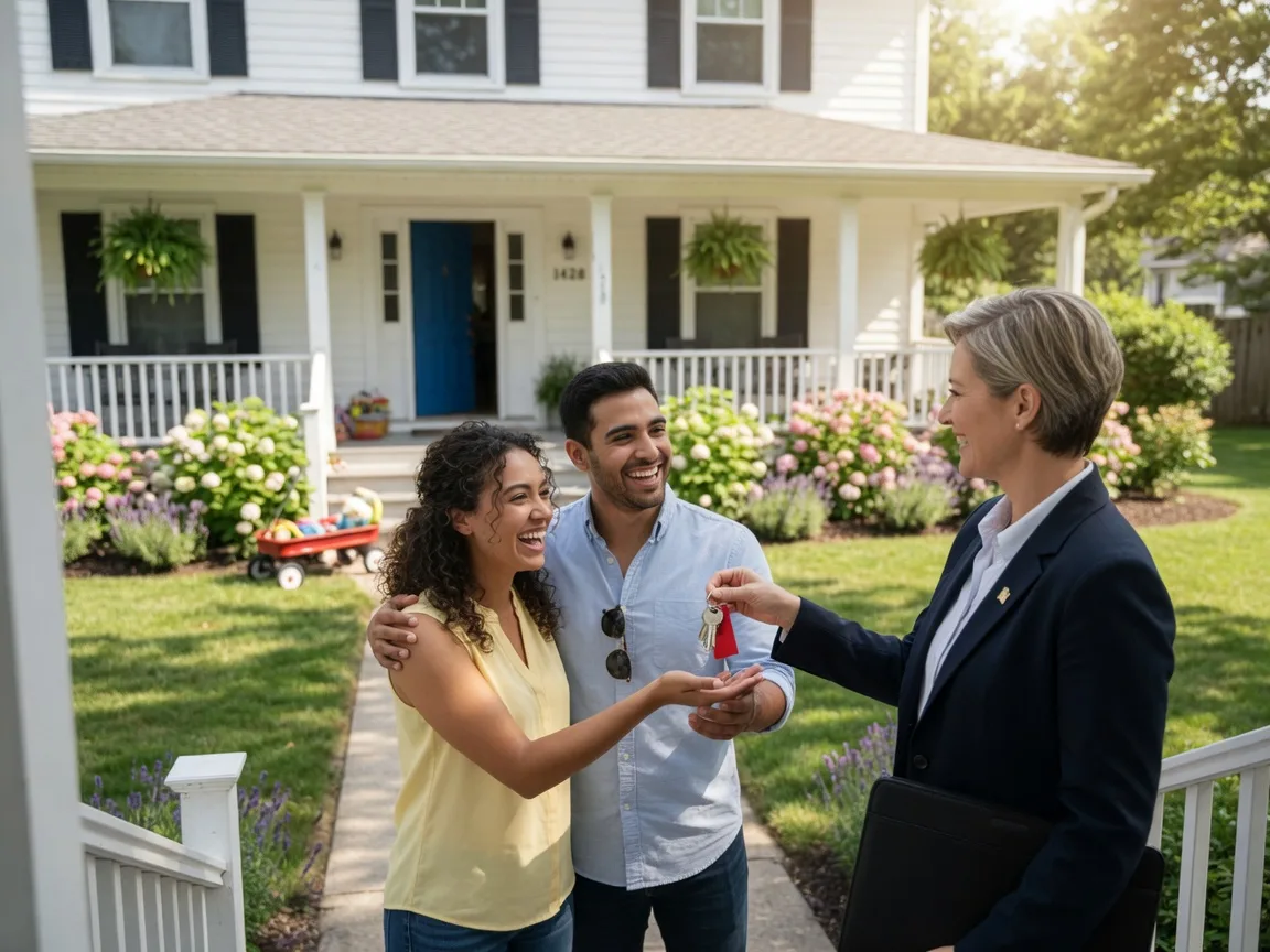 Happy couple receiving keys to a new home from a real estate agent