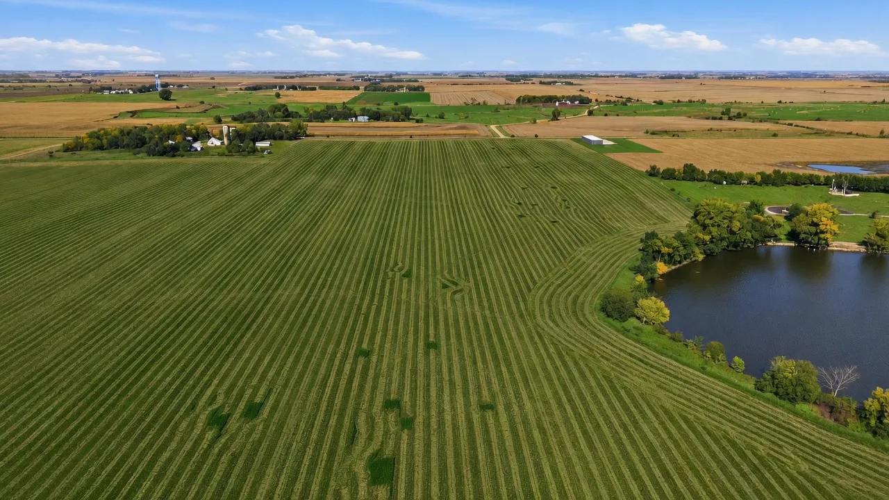 A vacant mowed lakefront parcel beside the water
