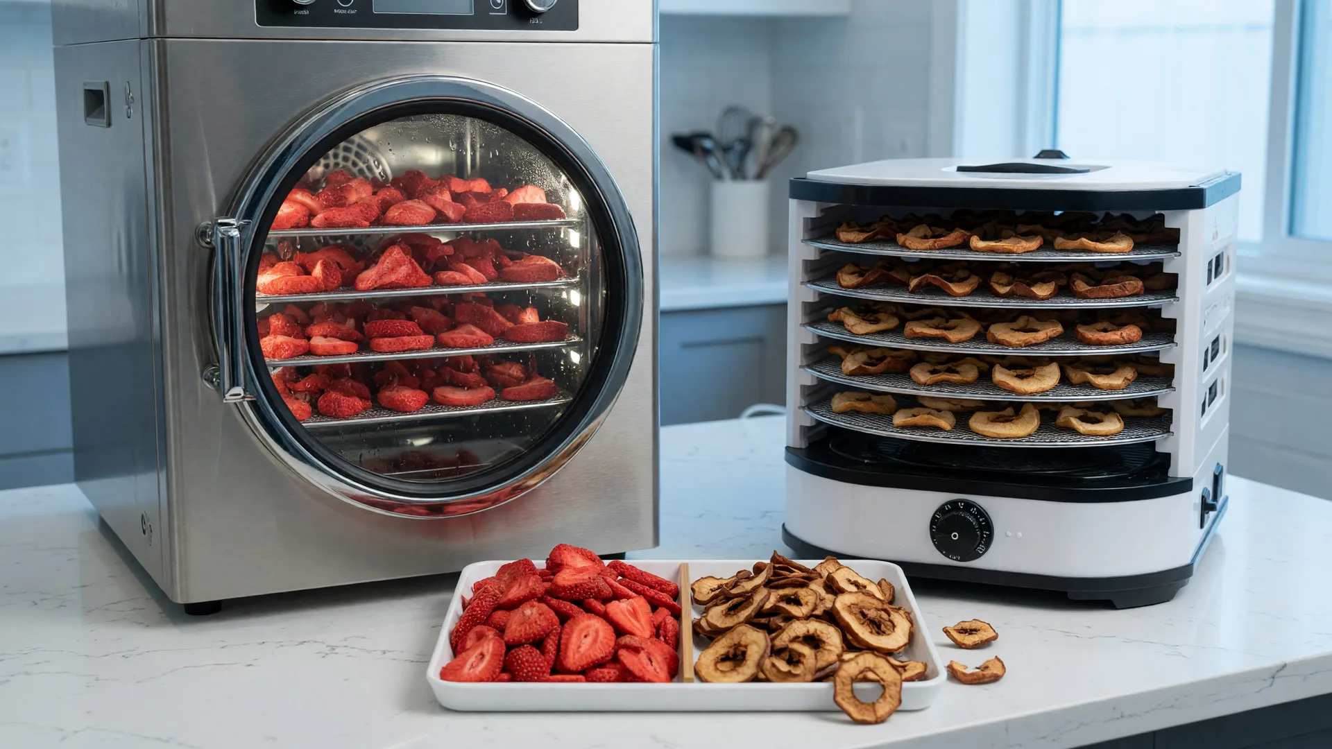 A stainless steel freeze dryerwith colorful puffy berries next to a countertop dehydratorwith darker shriveled apple chips