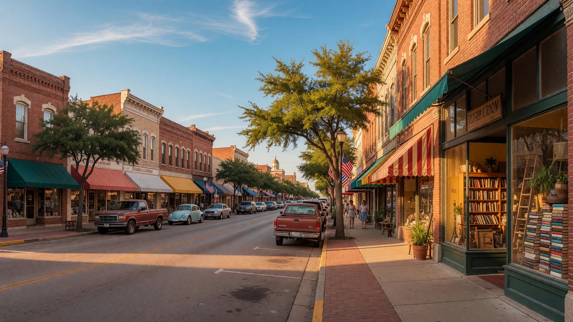 Charming downtown main street in a small Texas town with historic brick storefronts and awnings in warm afternoon light
