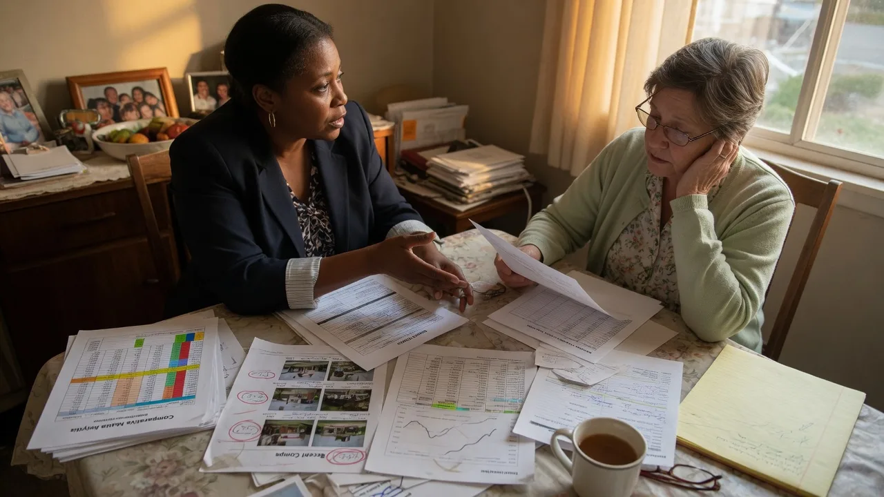 Real estate agent having an honest pricing conversation with a seller at a dining table, reviewing valuation documents