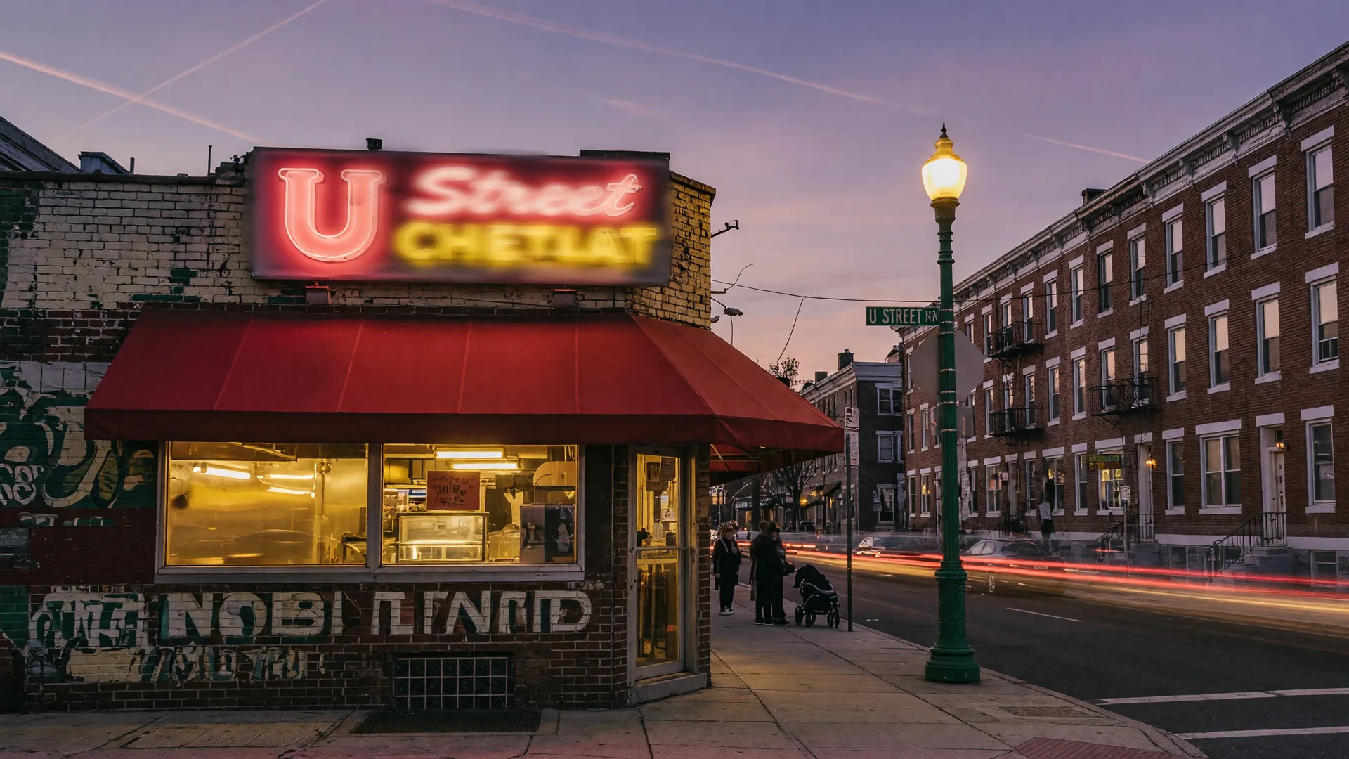 A vintage diner with a deep red awning and warm neon glow on the historic U Street corridor in Washington, DC at dusk