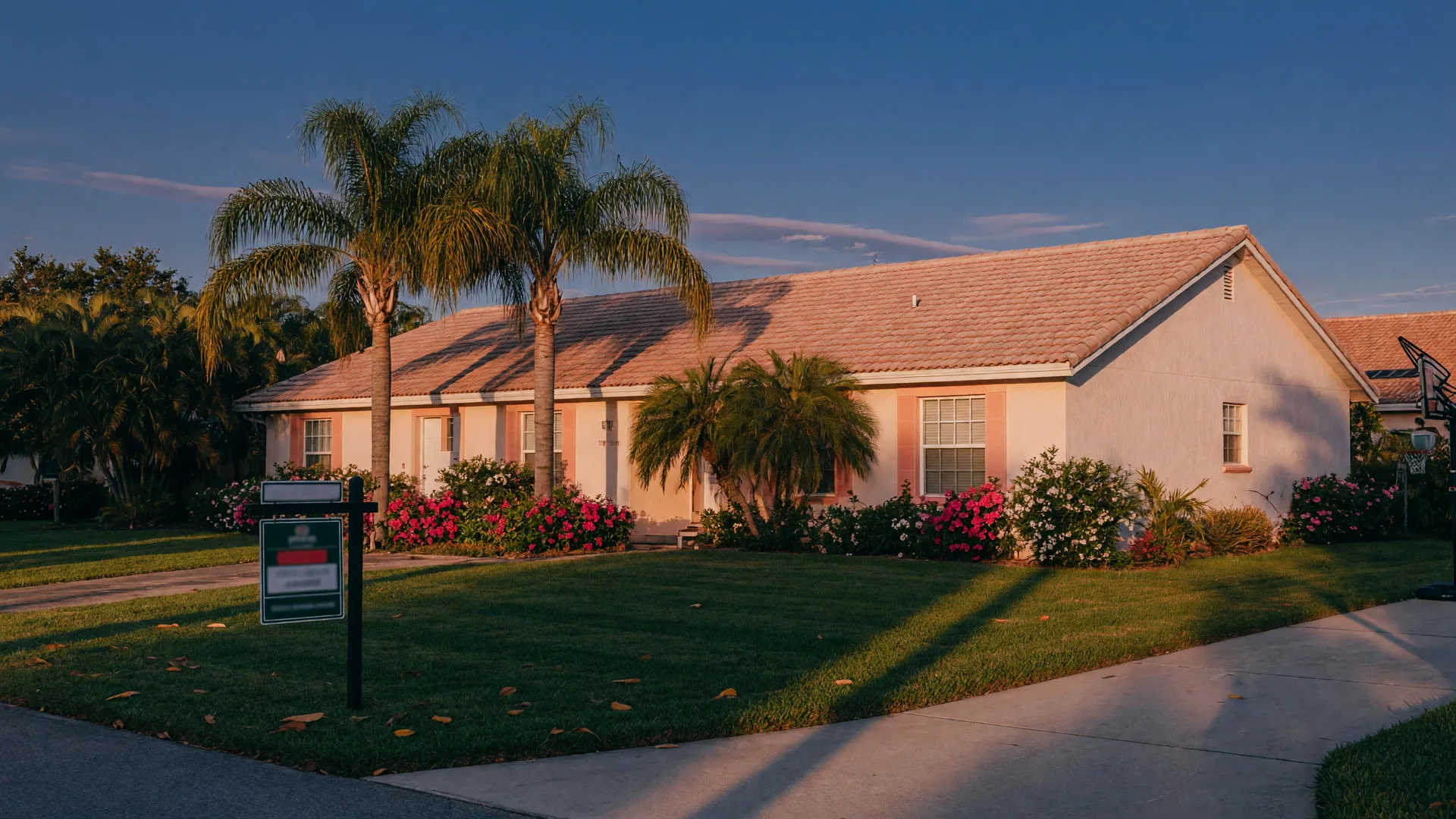 A Florida home for sale at golden hour in early autumn, with a landscaped lawn, palm trees, and a For Sale sign